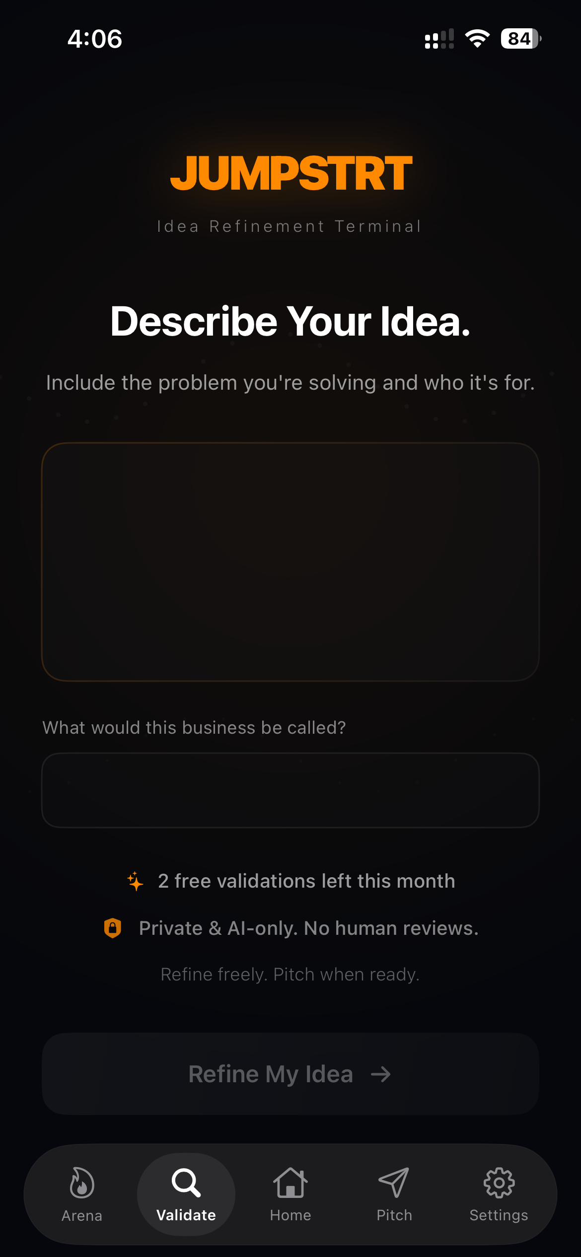 Jumpstrt Validation Screen